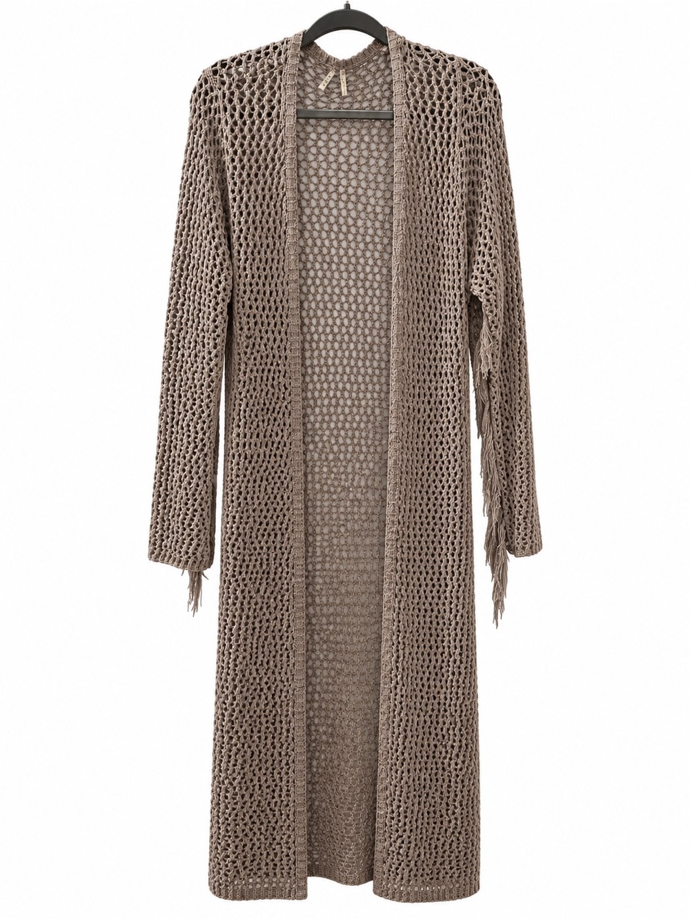 BKE Buckle Boho Crochet Fringe Maxi Duster Cardigan – Size Large – Taupe